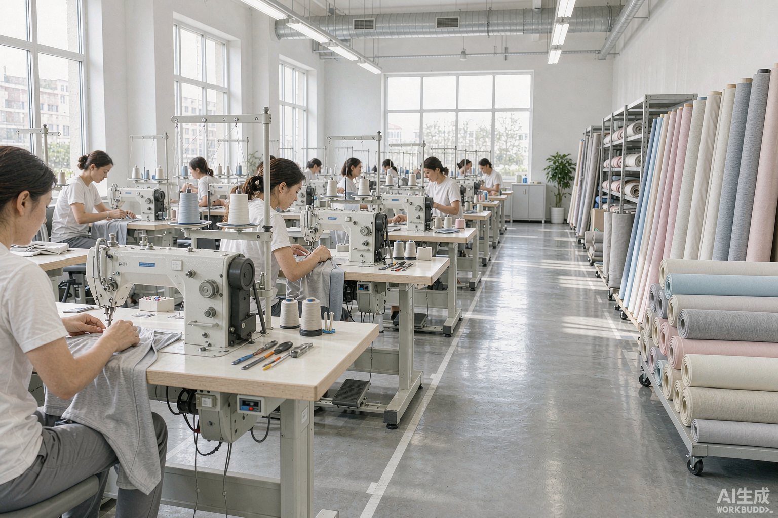 Sewing floor at the MIIYOO BEACH swimwear and activewear factory with rows of industrial sewing machines